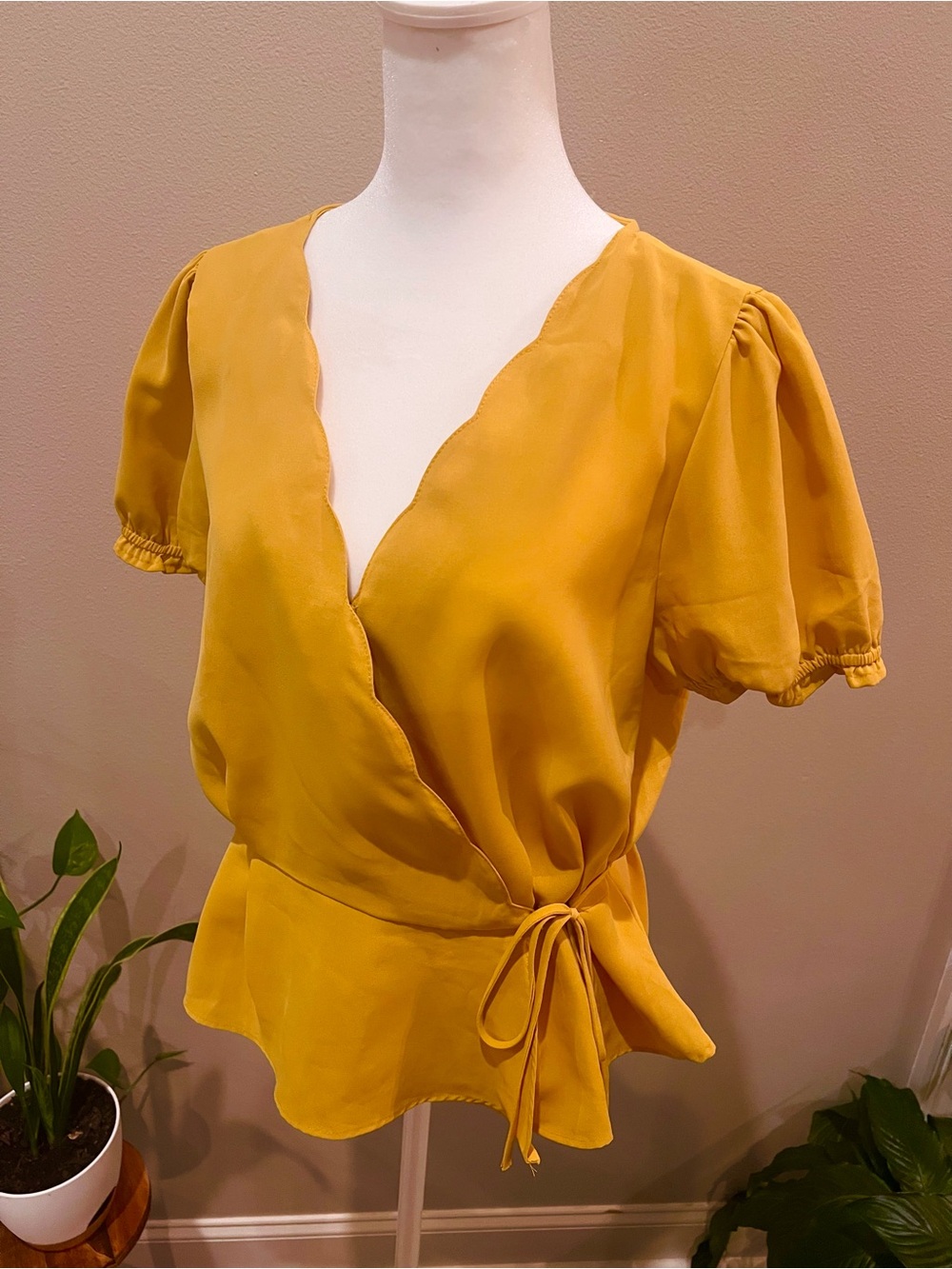 mine Mustard Wrap Blouse with Scalloped V-Neck